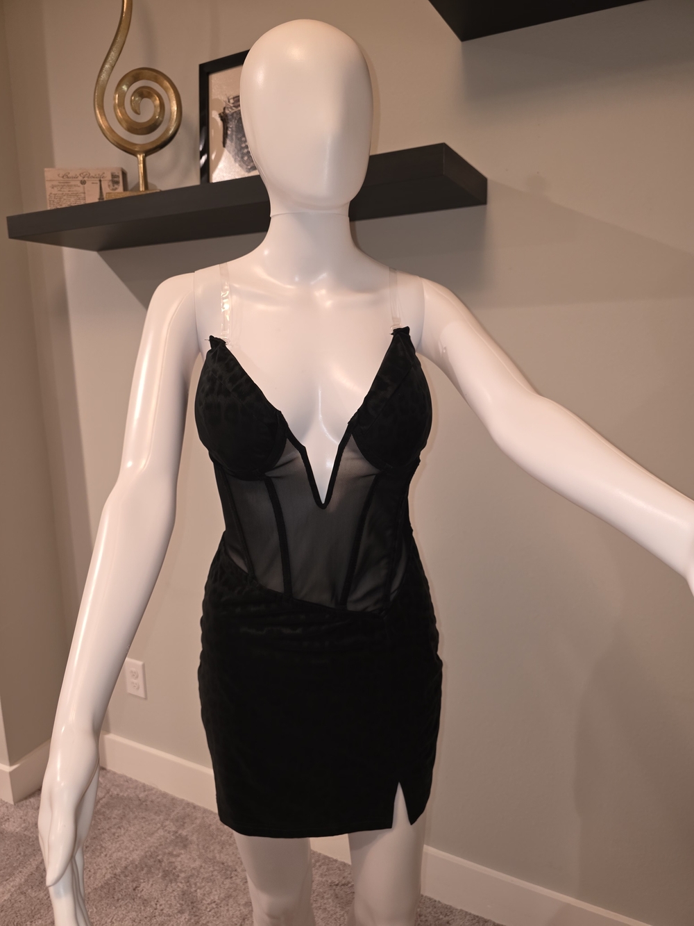 Fashion Nova Black Sheer Mesh & Velvet Slip Dress